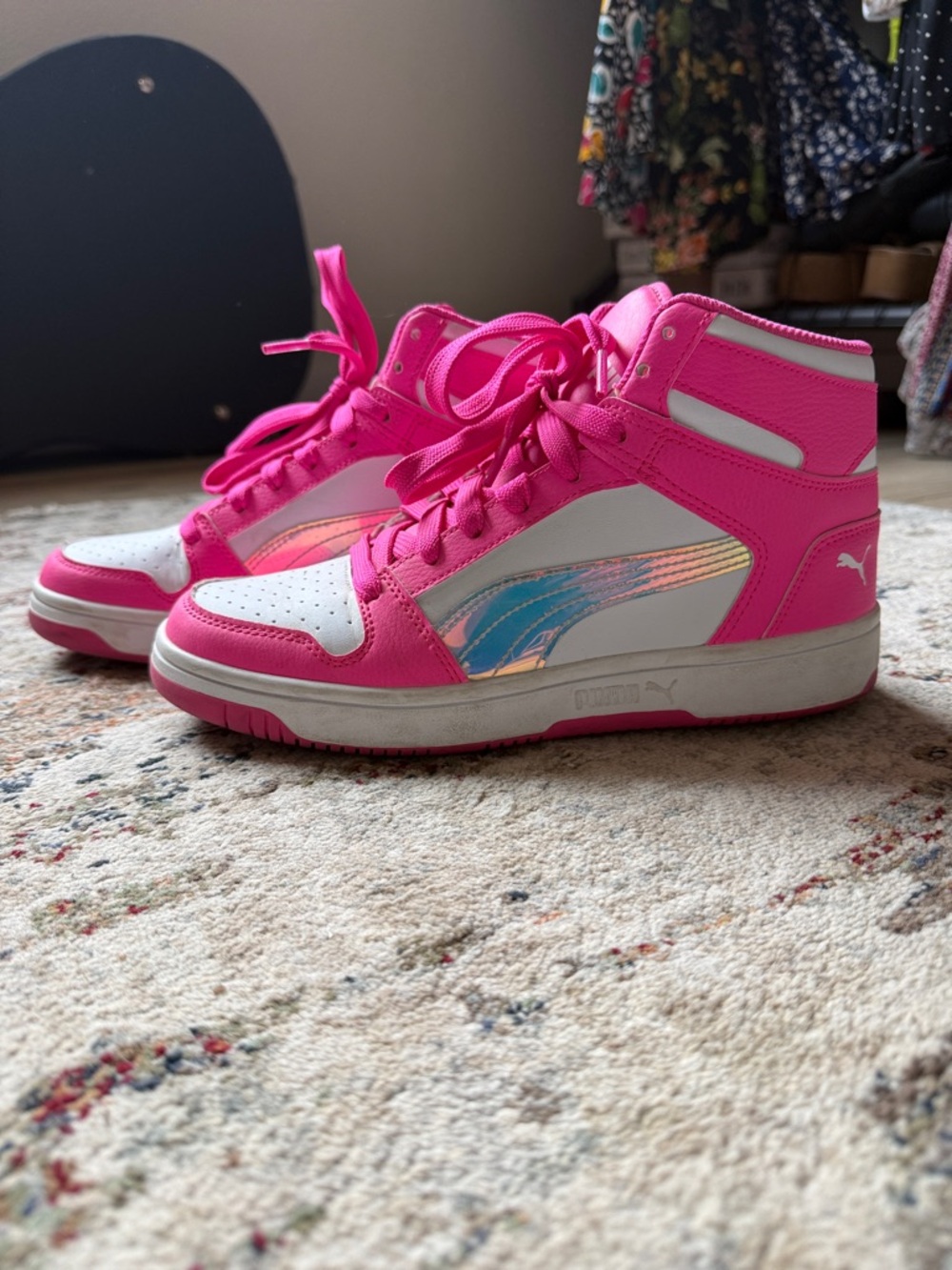 Puma Kids High-Top Sneakers in Hot Pink and White with Iridescent Accent
